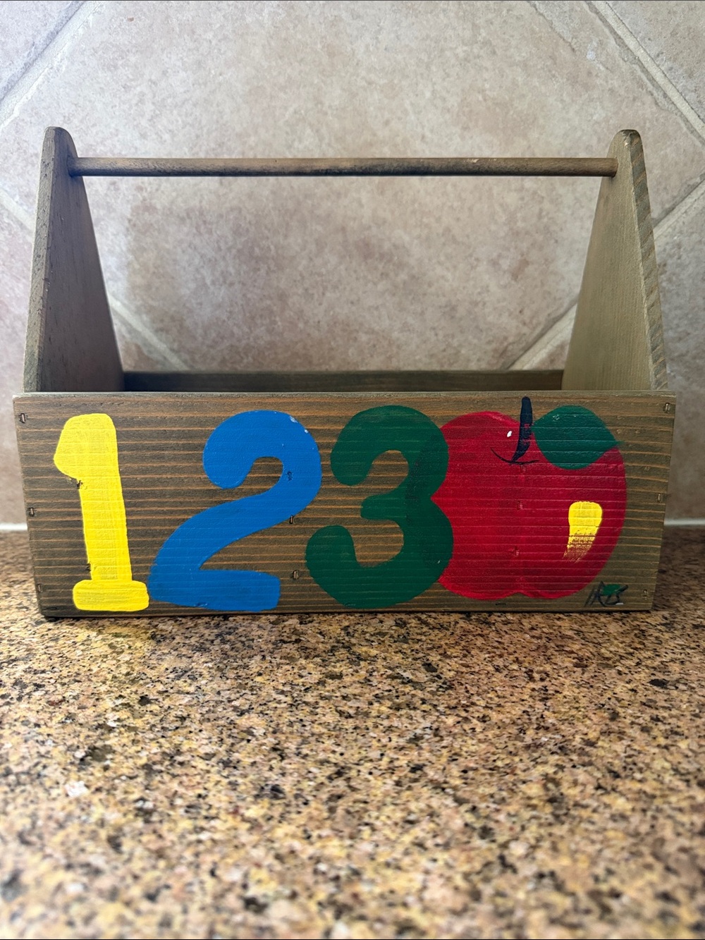 Vintage Hand Painted Wooden Book Caddy Teacher Classroom Organizer 123 Apple